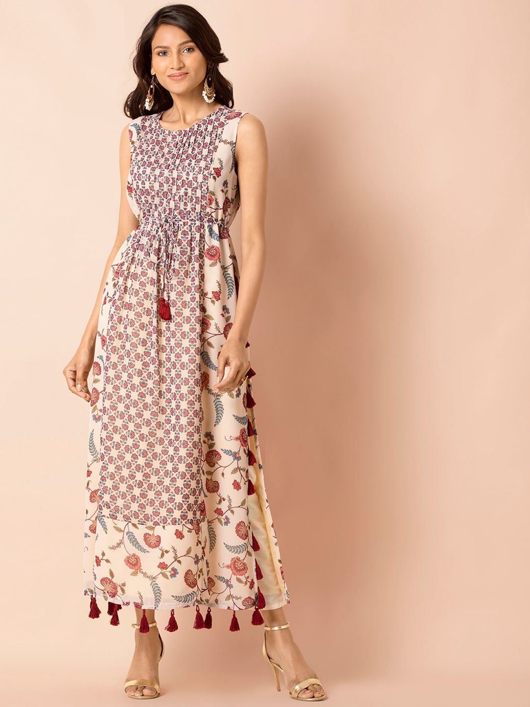 INDYA Beige Floral Georgette Maxi Dress