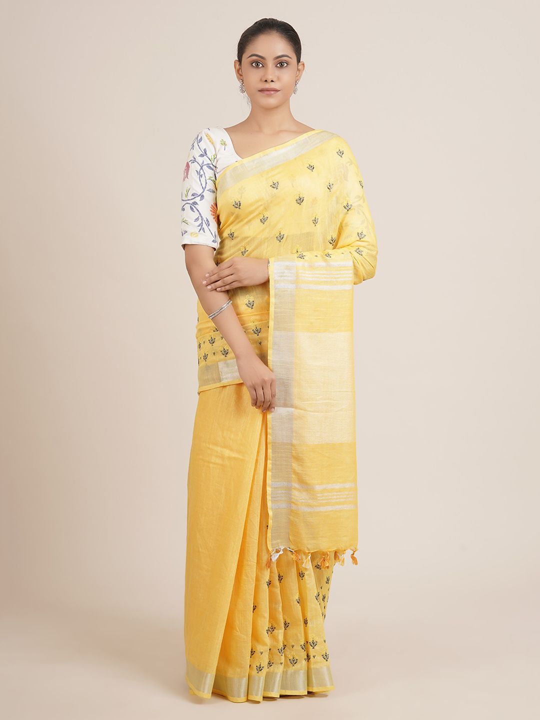 Pothys Yellow Woven Design Zari Linen Blend Saree