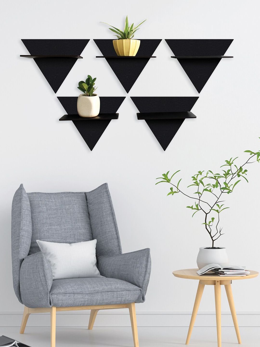 RANDOM Set of 5 Black Wall Hanging Laminated MDF Wooden Wall Shelves Price in India