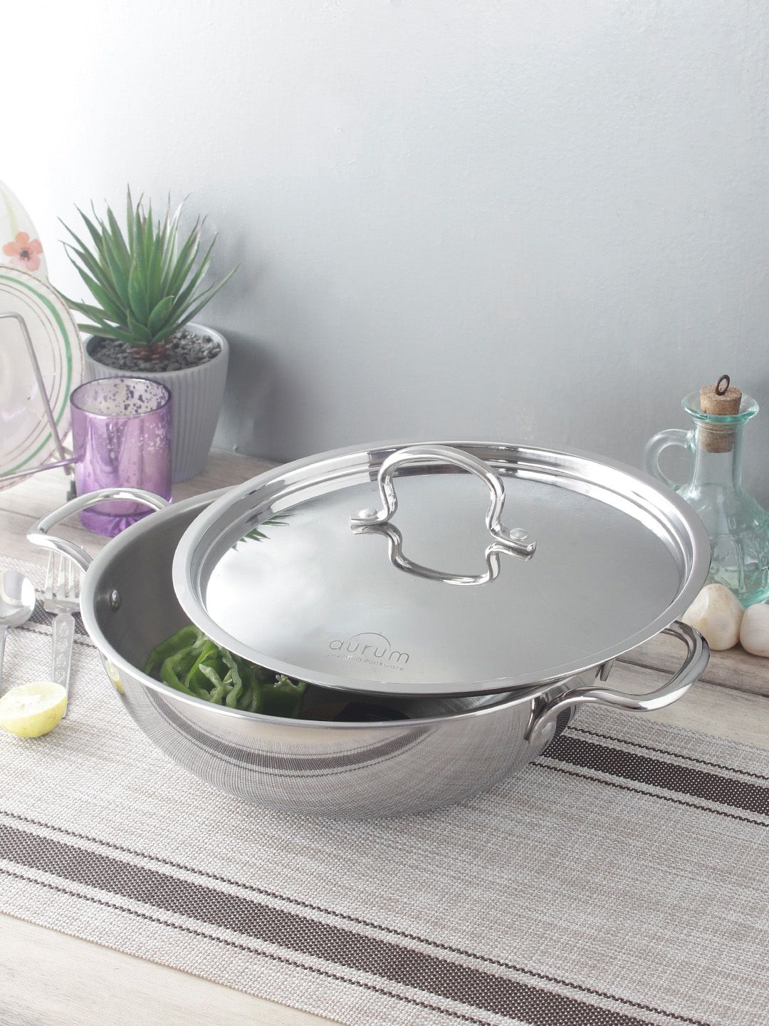 AURUM Silver-Toned Triply Kadai with Stainless Steel Lid 4.6 ltr Price in India