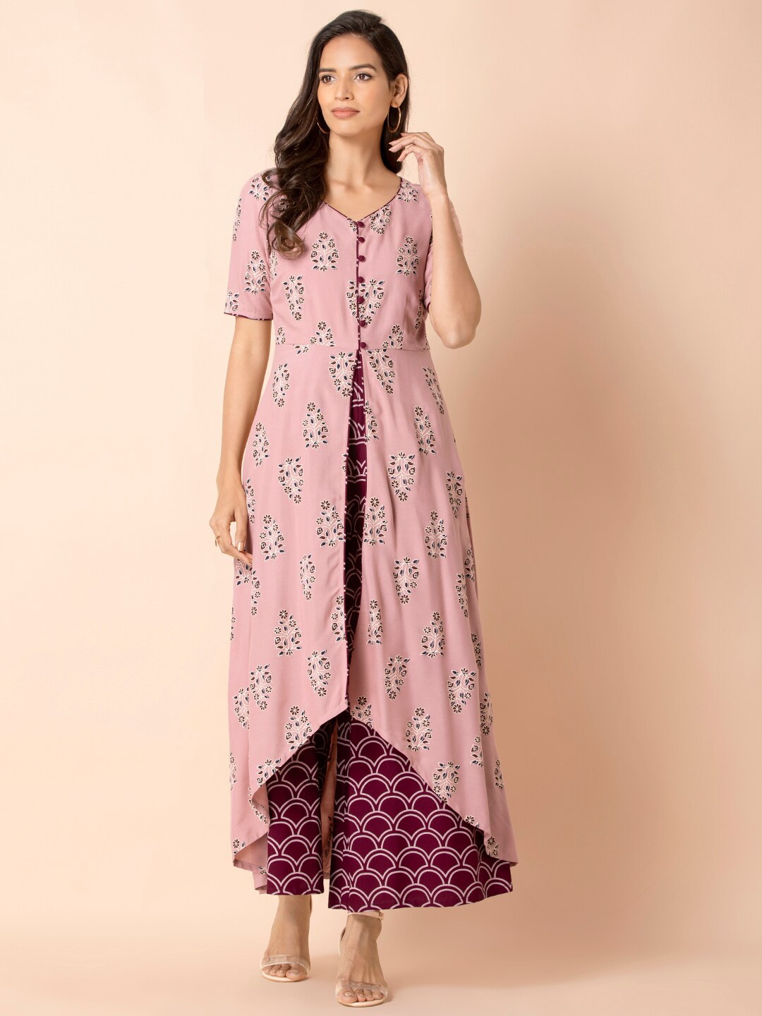INDYA Pink & Maroon Printed Layered Jumpsuit Price in India