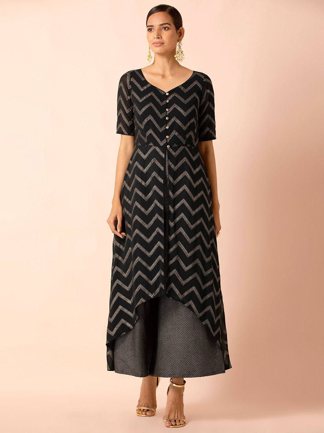 INDYA Black & Gold-Toned Printed Chevron Dotted Layered Jumpsuit Price in India