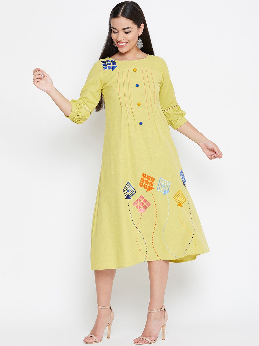 WineRed Yellow Embroidered A-Line Midi Dress Price in India