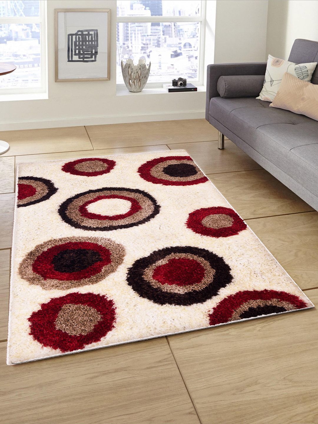 Story@home Cream Coloured & Red Abstract Printed Anti-Skid Floor Carpet Price in India