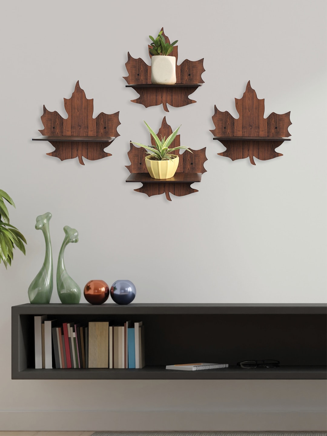 RANDOM Set of 4 Coffee Brown MDF Basic Wall Shelves Price in India
