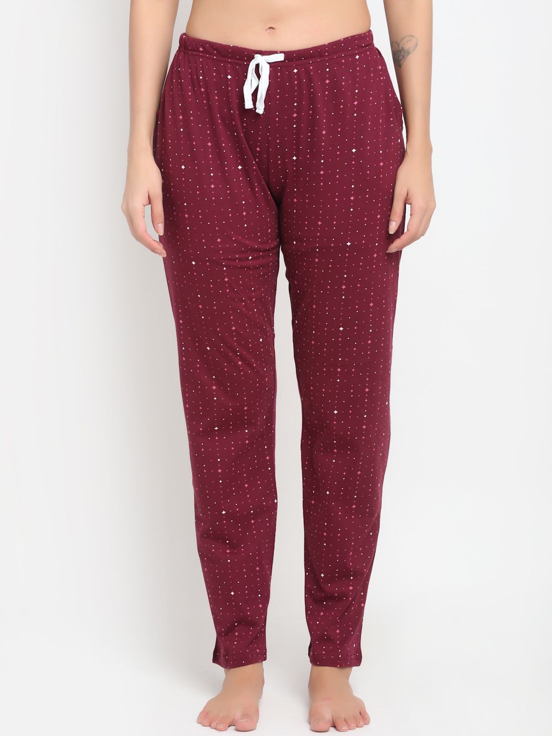 Kanvin Women Maroon & White Printed Pure Cotton Lounge Pants Price in India