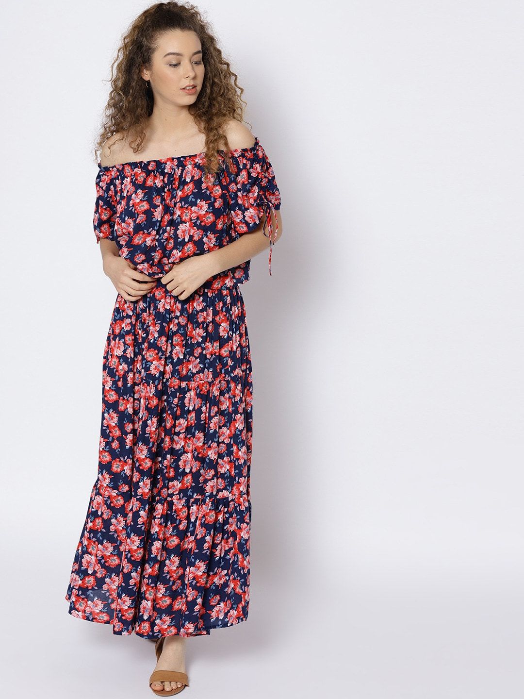 Sera Navy Blue Floral Off-Shoulder Maxi Dress