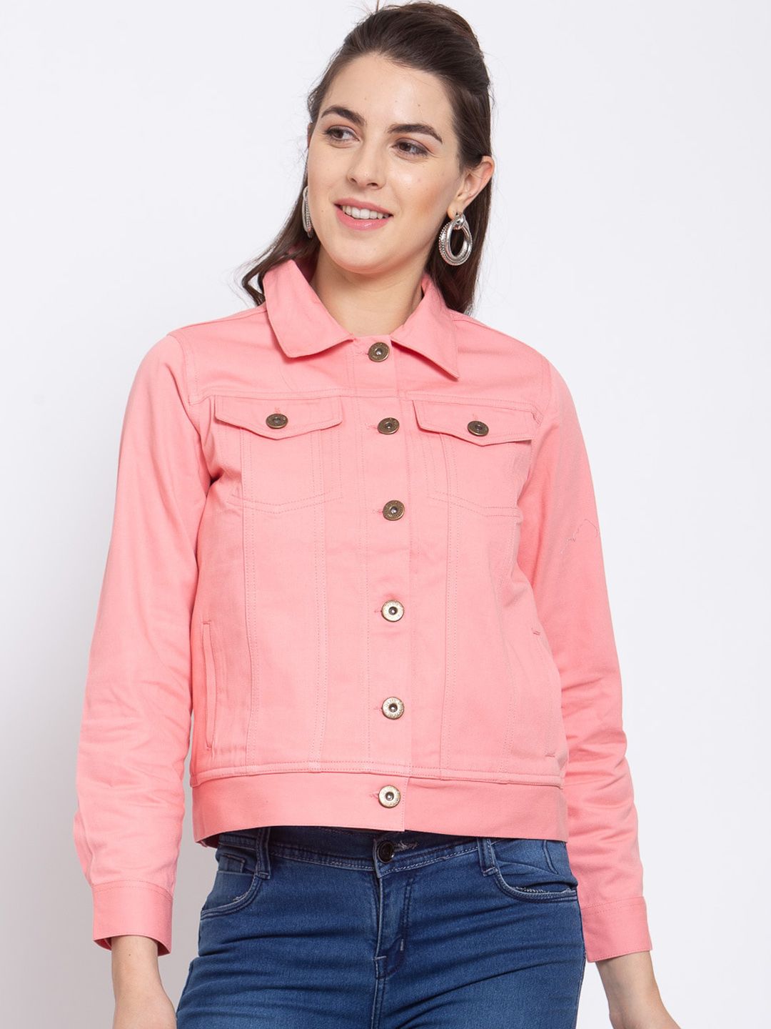 Style Quotient Women Pink Solid Crop Denim Jacket Price in India