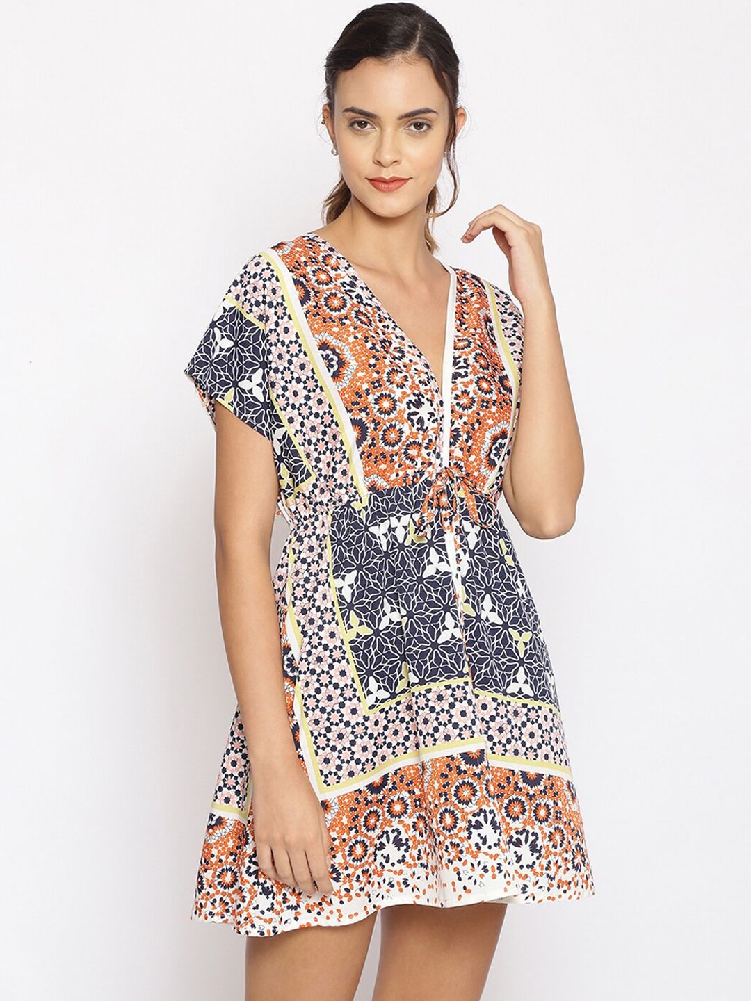 Oxolloxo Women Blue & Pink Geometric Scarf Printed Beachwear Cover-up Dress Price in India