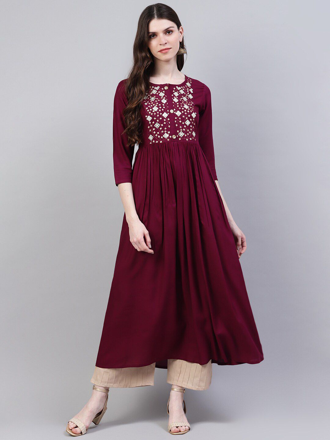 Stylum Women Purple Floral Embroidered Mirror Work Kurta Price in India