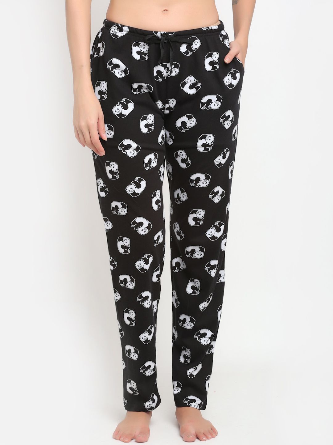 Kanvin Women Black & White Panda Printed Pure Cotton Lounge Pants Price in India