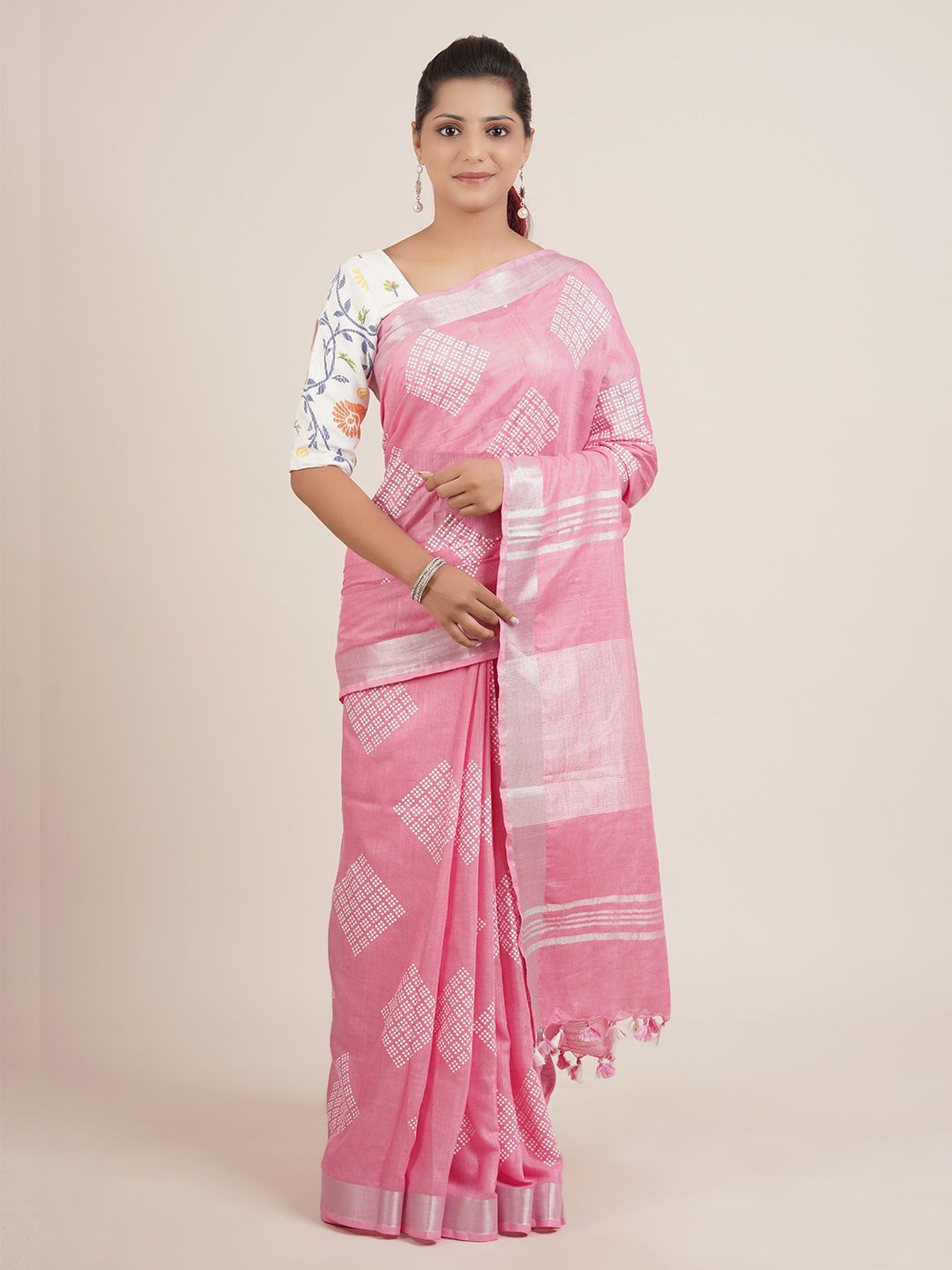 Pothys Pink Printed Pure Linen Saree