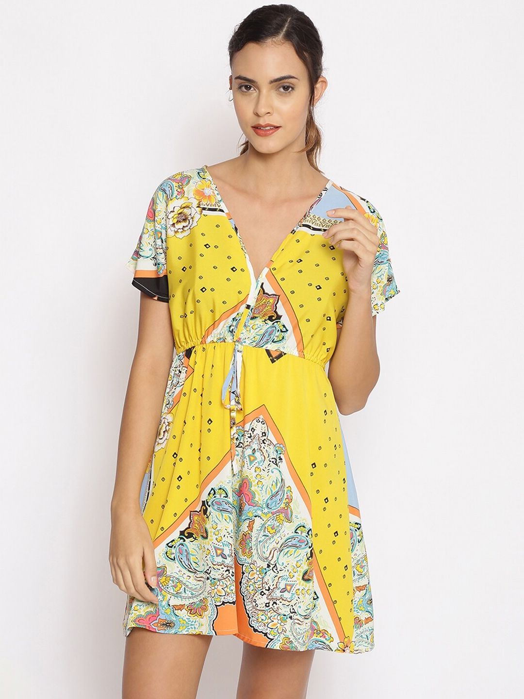 Oxolloxo Women Yellow & Blue Bohemian Printed Beachwear Cover-Up Dress Price in India