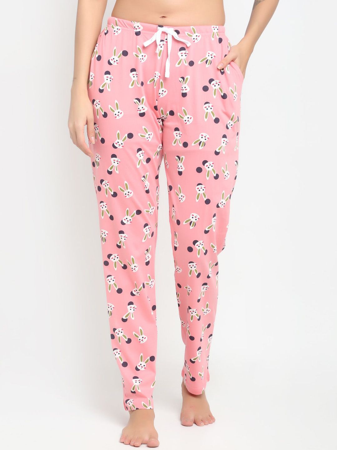 Kanvin Women Pink & White Printed Pure Cotton Lounge Pants Price in India