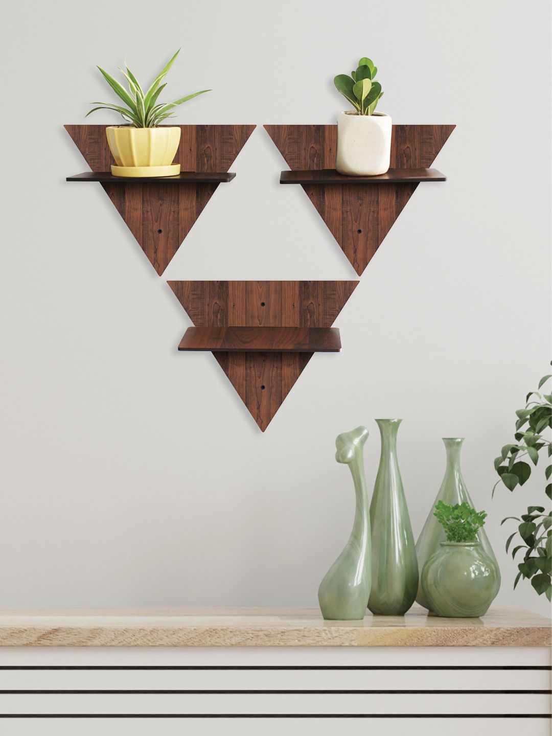 RANDOM Set of 3 Coffee Brown MDF Basic Wall Shelves Price in India