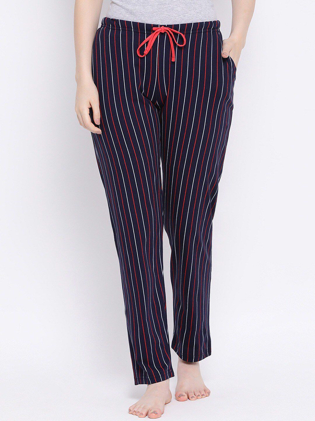 Kanvin Women Navy Blue & White Striped Pure Cotton Lounge Pants Price in India