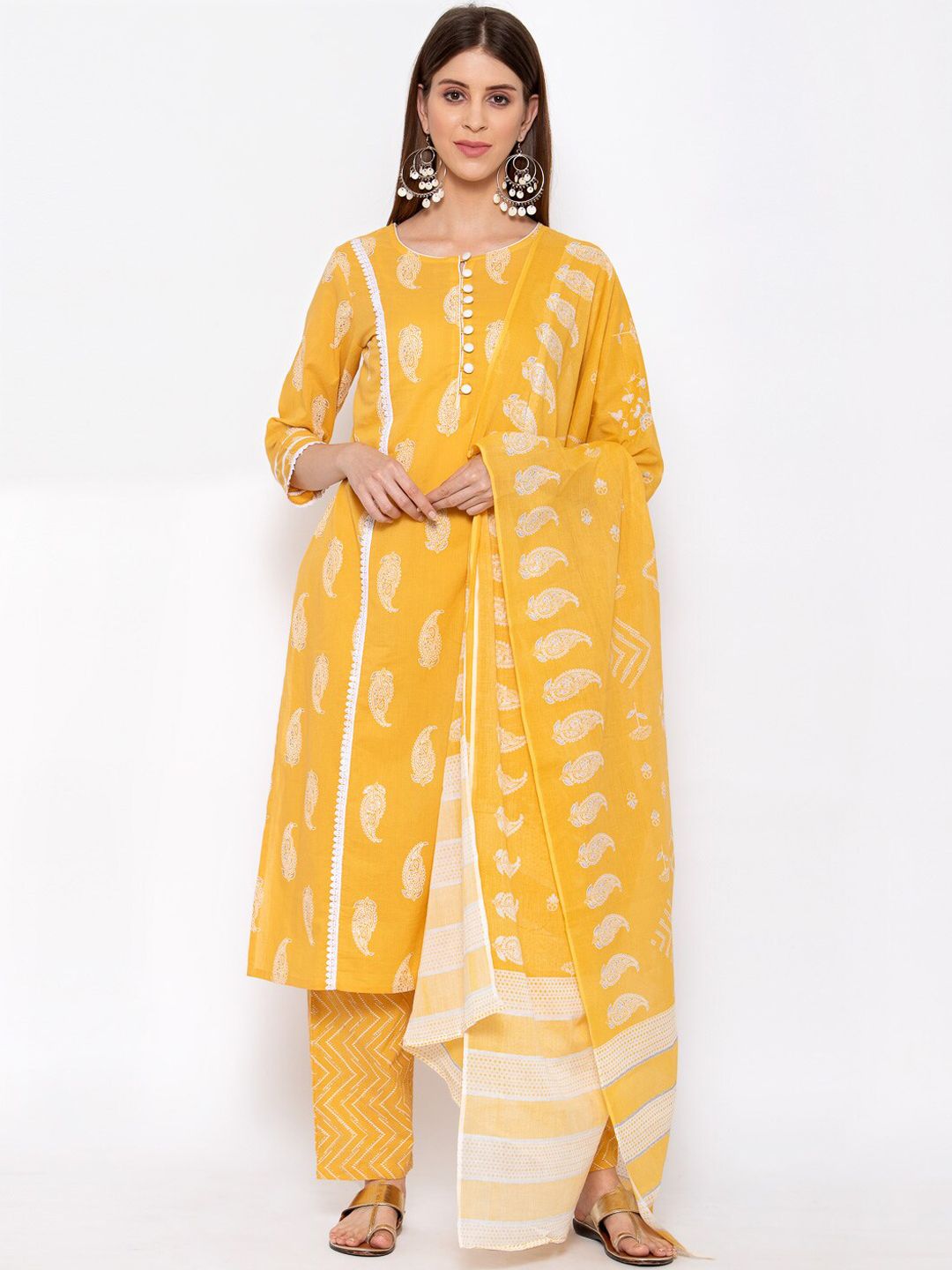 Yuris Women Yellow Paisley Printed Pure Cotton Kurta with Trousers & With Dupatta Price in India