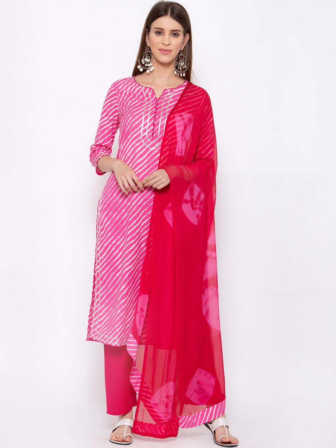 Yuris Women Pink Striped Pure Cotton Kurta with Trousers & With Dupatta Price in India