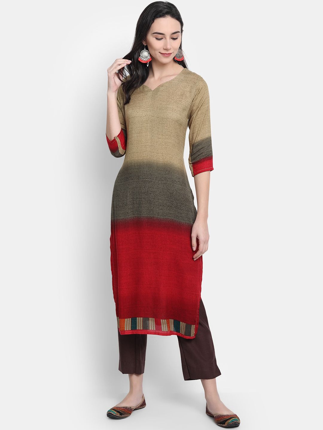 Ethnic basket Women Beige & Maroon Colourblocked Kurta