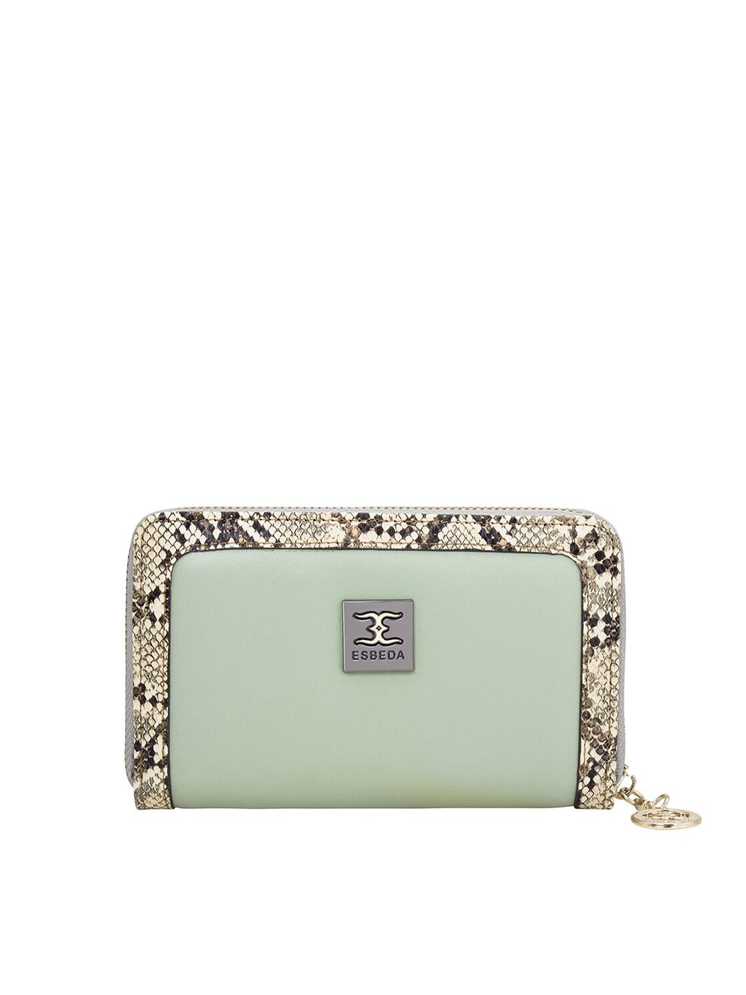 ESBEDA Women Green & Beige Snake-Skin Printed Zip Around Wallet Price in India