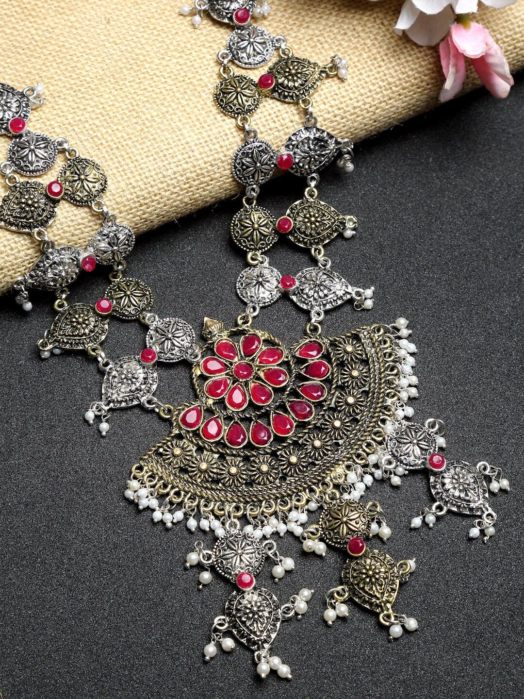 NEUDIS Silver-Plated & Red Oxidised Necklace Price in India