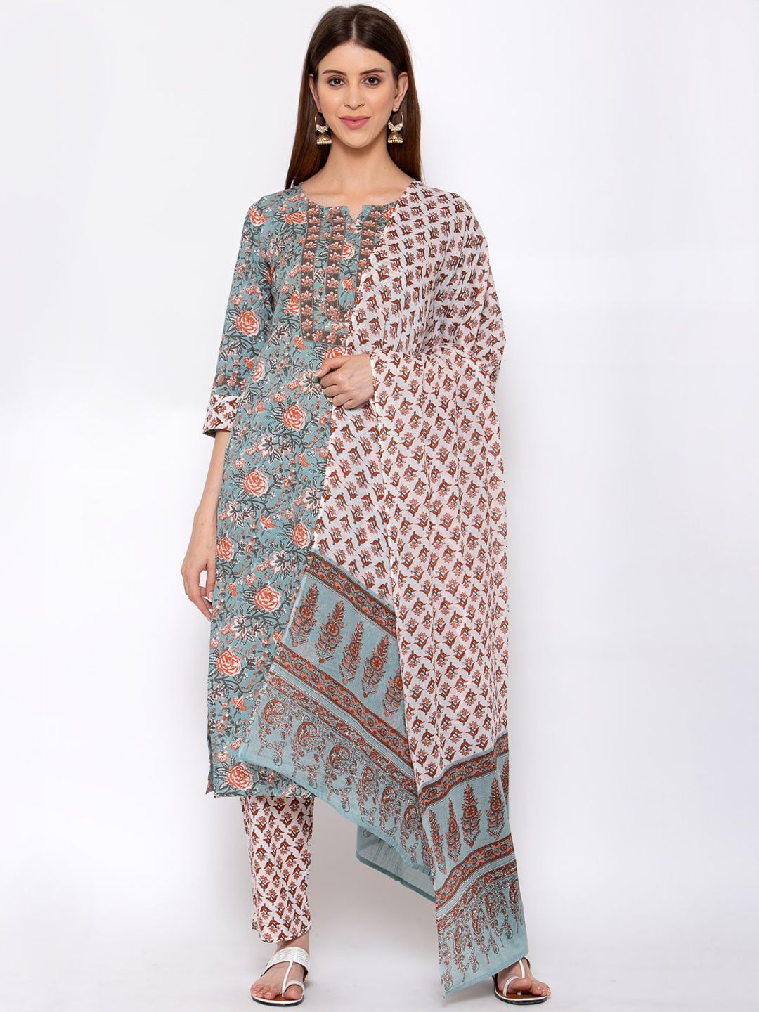 Yuris Women Sea Green Printed Pure Cotton Kurti with Trousers & With Dupatta Price in India