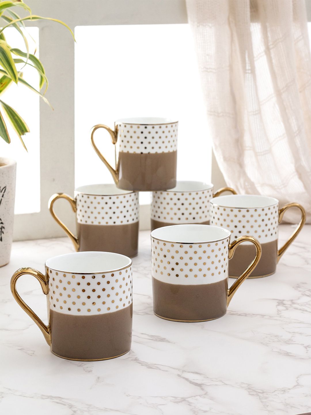CLAY CRAFT White & Brown 6 Pieces Printed Ceramic Cups Price in India