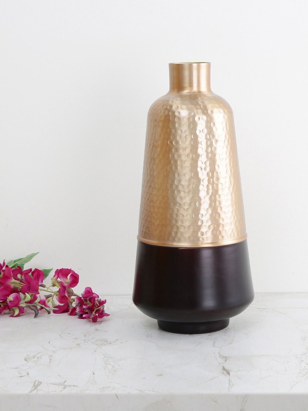 Home Centre Gold-Toned & Coffee Brown Colourblocked Adrian Hammered Vase Price in India