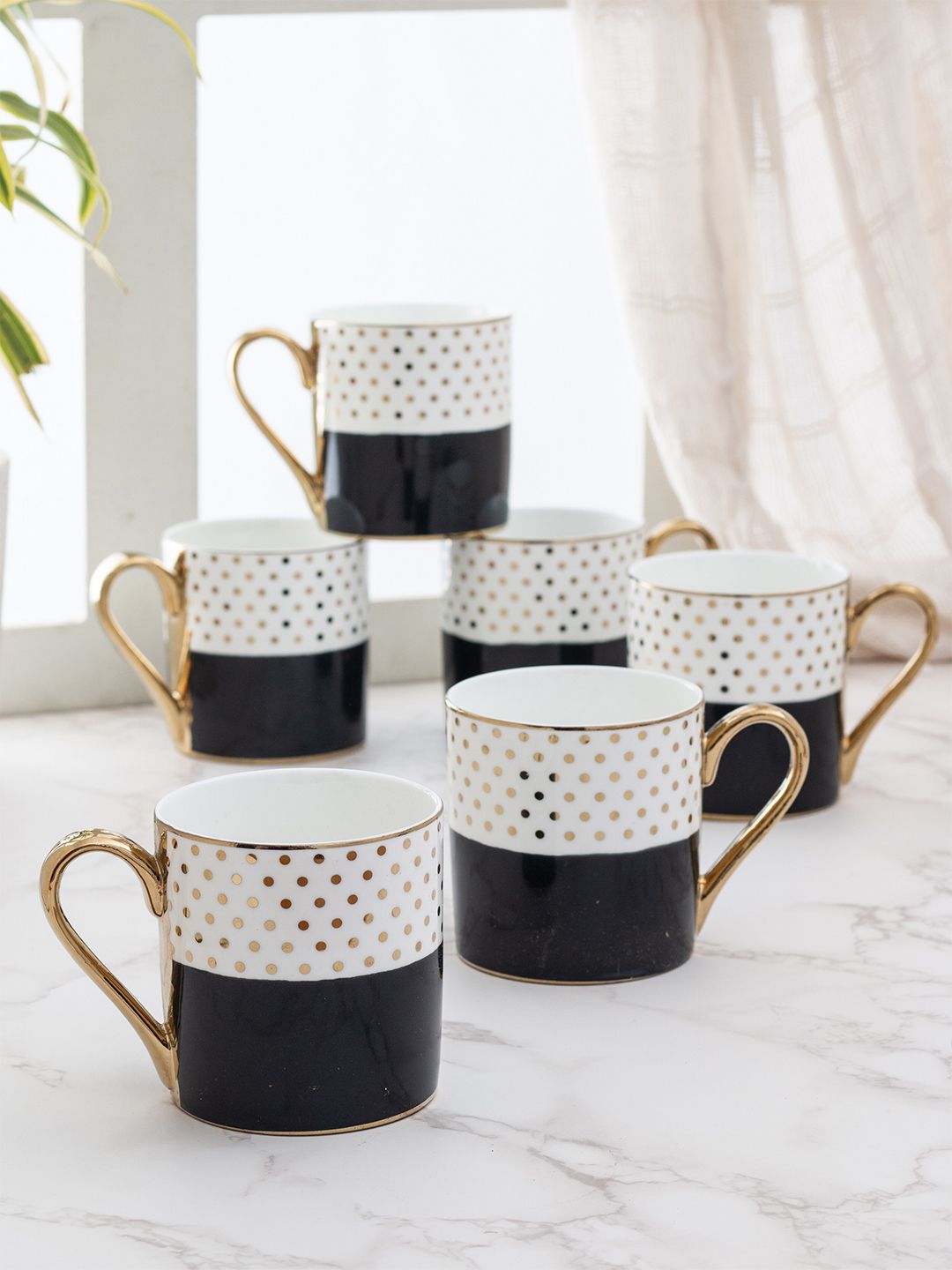 CLAY CRAFT Set Of 6 White & Black Printed Ceramic Cups 220 ml Price in India
