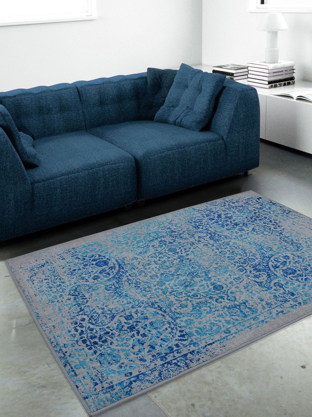 RUGSMITH Blue & Grey Printed Anti-Skid Carpet Price in India