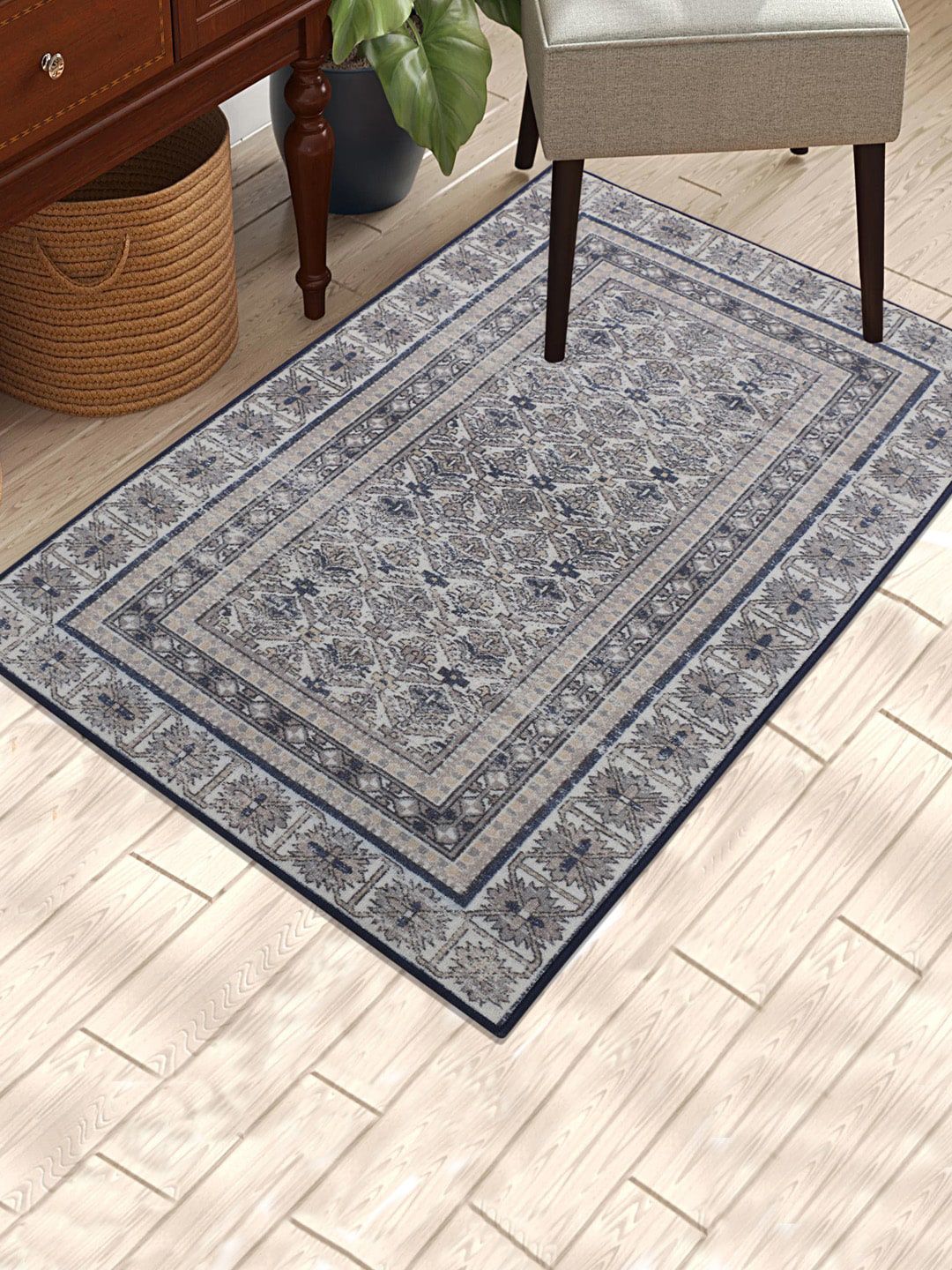 RUGSMITH Grey & Navy Blue Premium Classic Pattern Anti-Skid Light Carpet Price in India