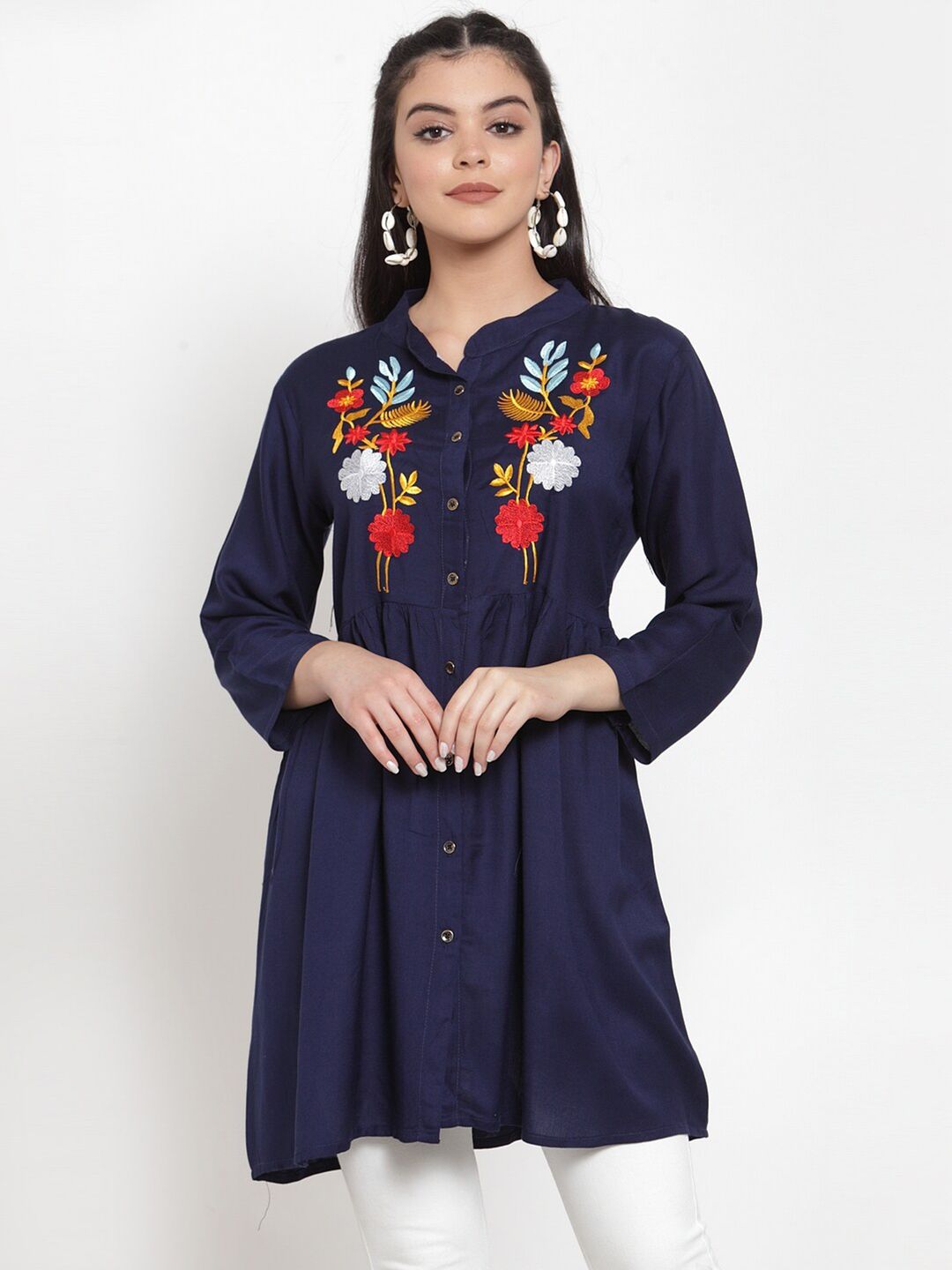 Miaz Lifestyle Navy Blue Mandarin Collar Embroidered Tunic Price in India