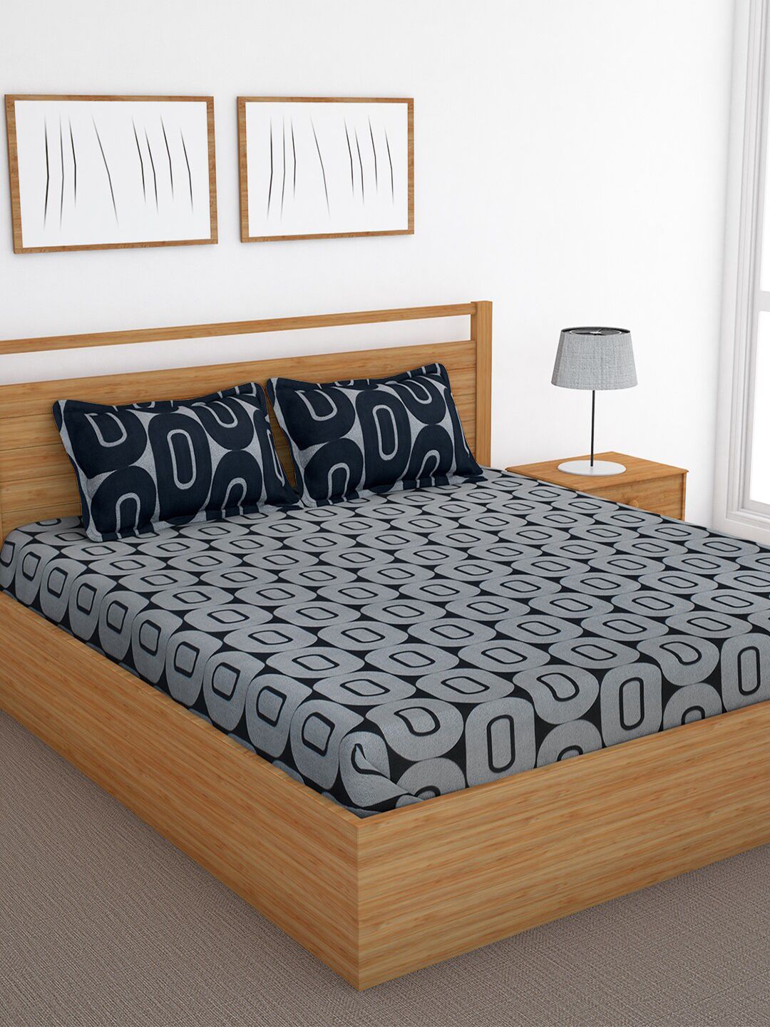 Bedspun Grey & Navy Blue Geometric 120 TC Cotton 1 Queen Bedsheet with 2 Pillow Covers Price in India