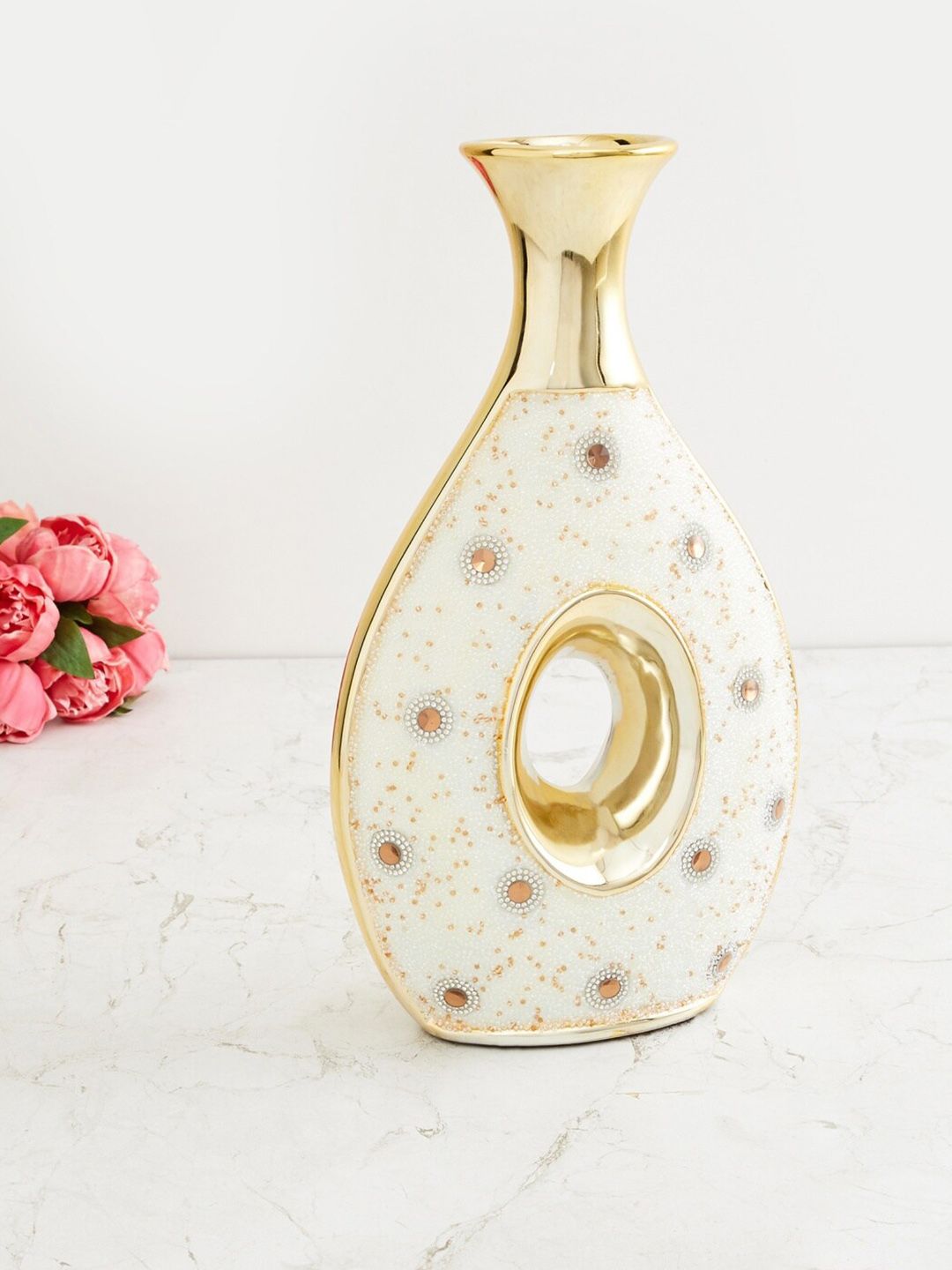 Home Centre Off-White & Gold-Toned Ajmer Embellished Vase Price in India