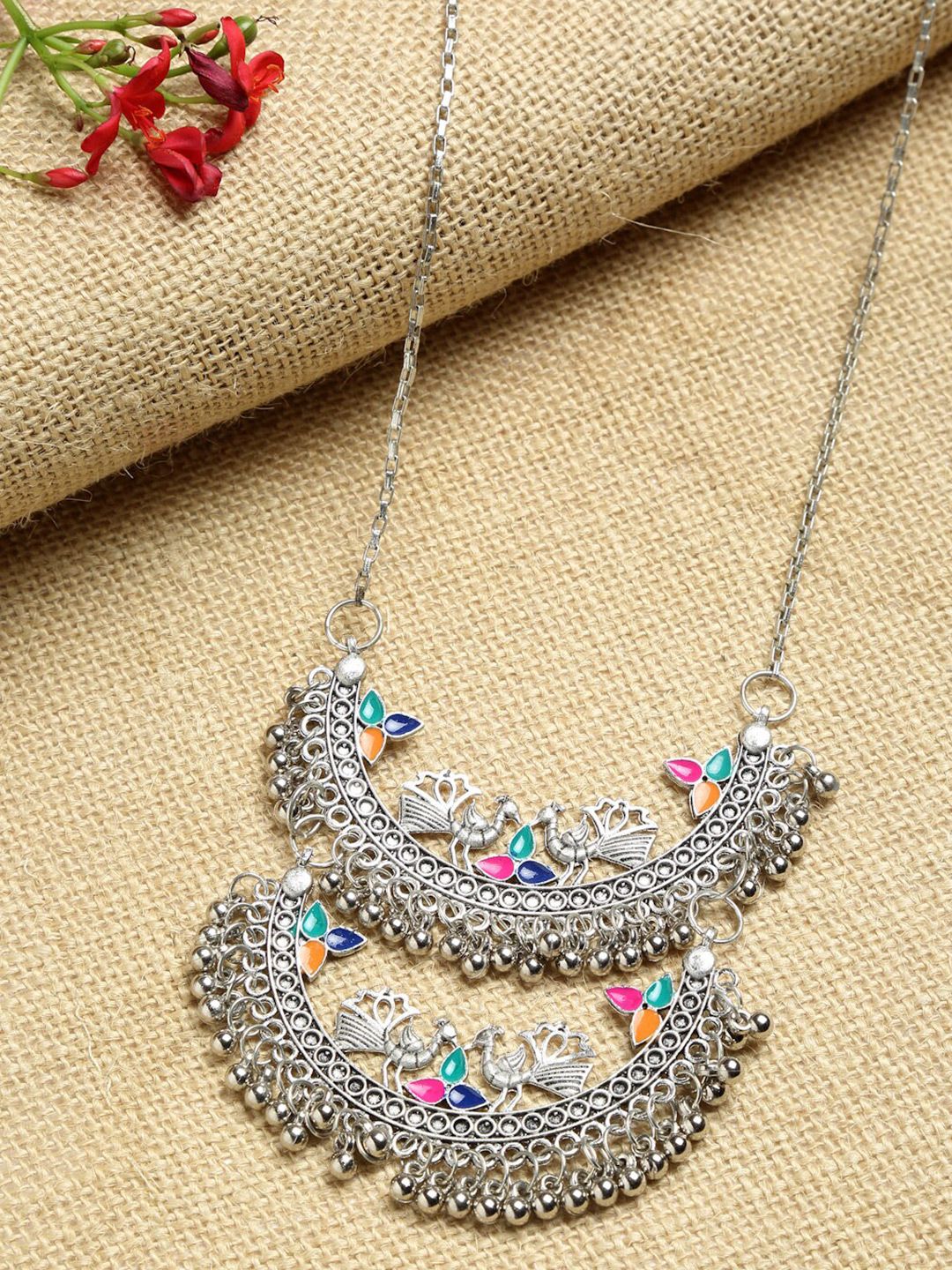 NEUDIS Silver-Plated & Blue Oxidised Statement Necklace Price in India