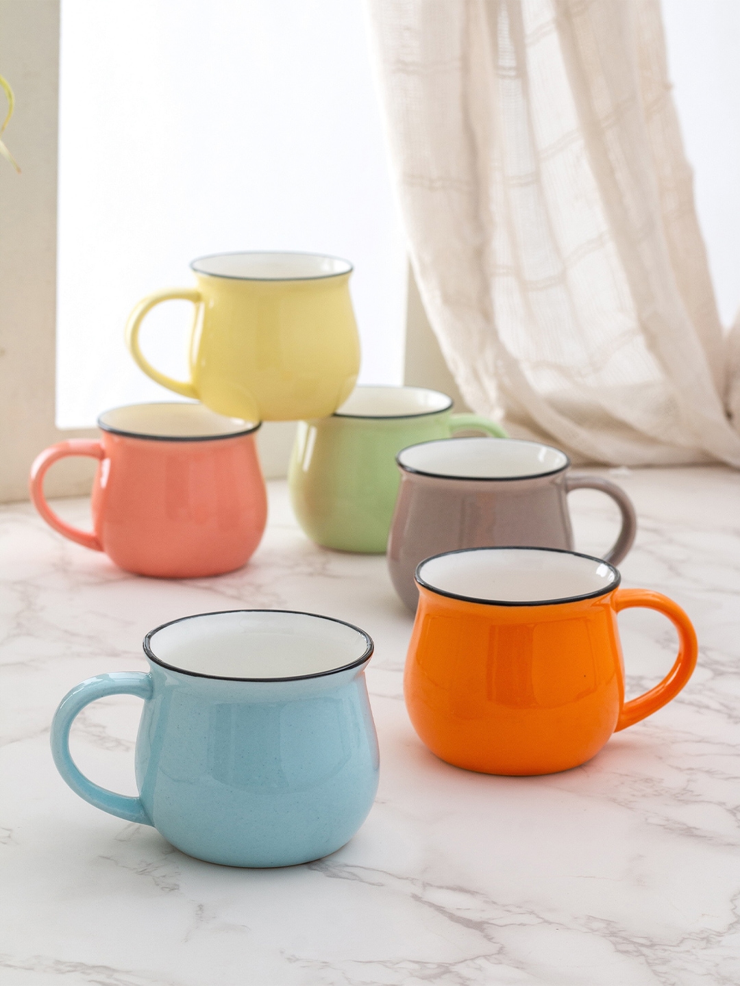 JCPL Set of 6 Orange & Blue Solid Ceramic Cups 220 ml each Price in India