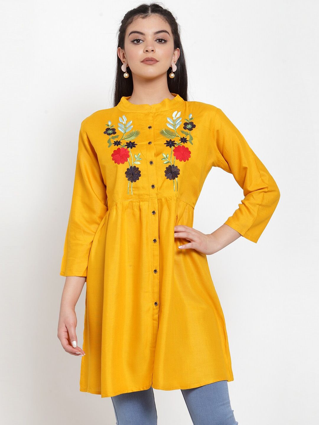 Miaz Lifestyle Yellow & Red Viscose Rayon Mandarin Collar Embroidered Tunic Price in India