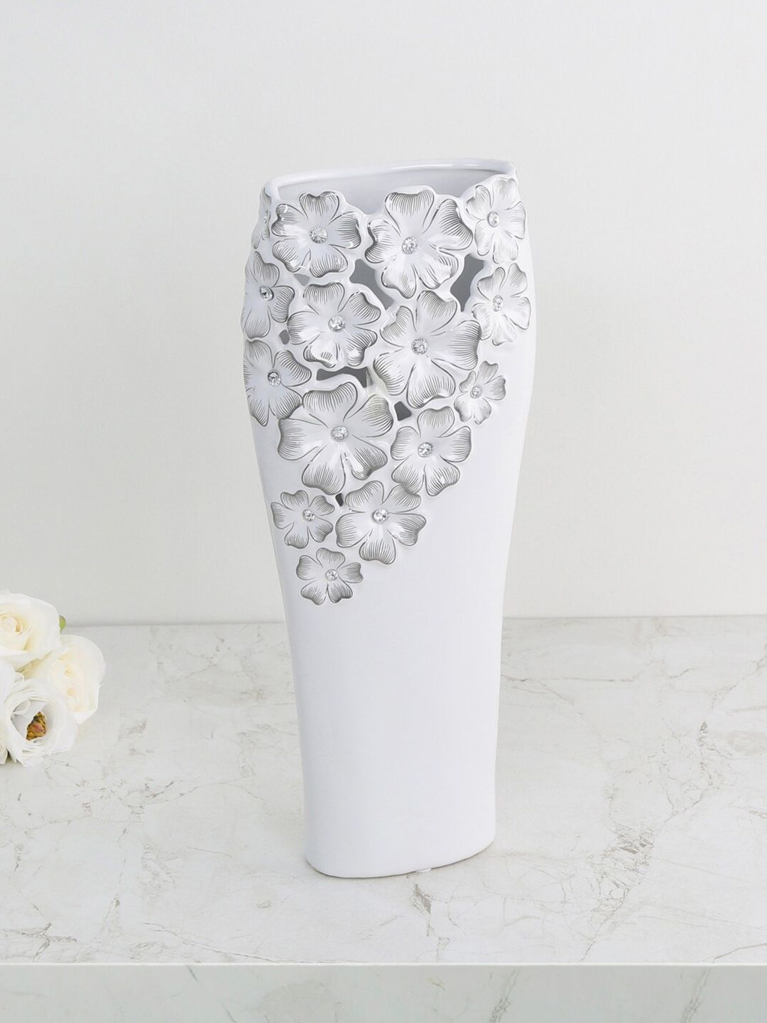 Home Centre White & Grey Galaxy Floral Print Tall Vase Price in India