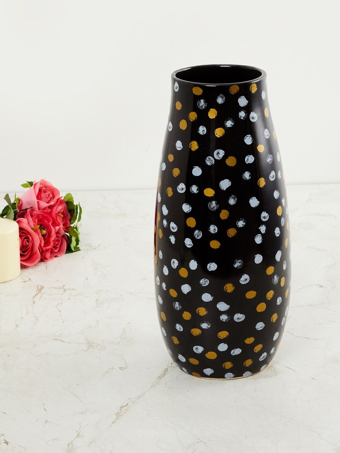 Home Centre Black & Mustard Yellow Polka-Dot Print Eternity Decal Vase Price in India