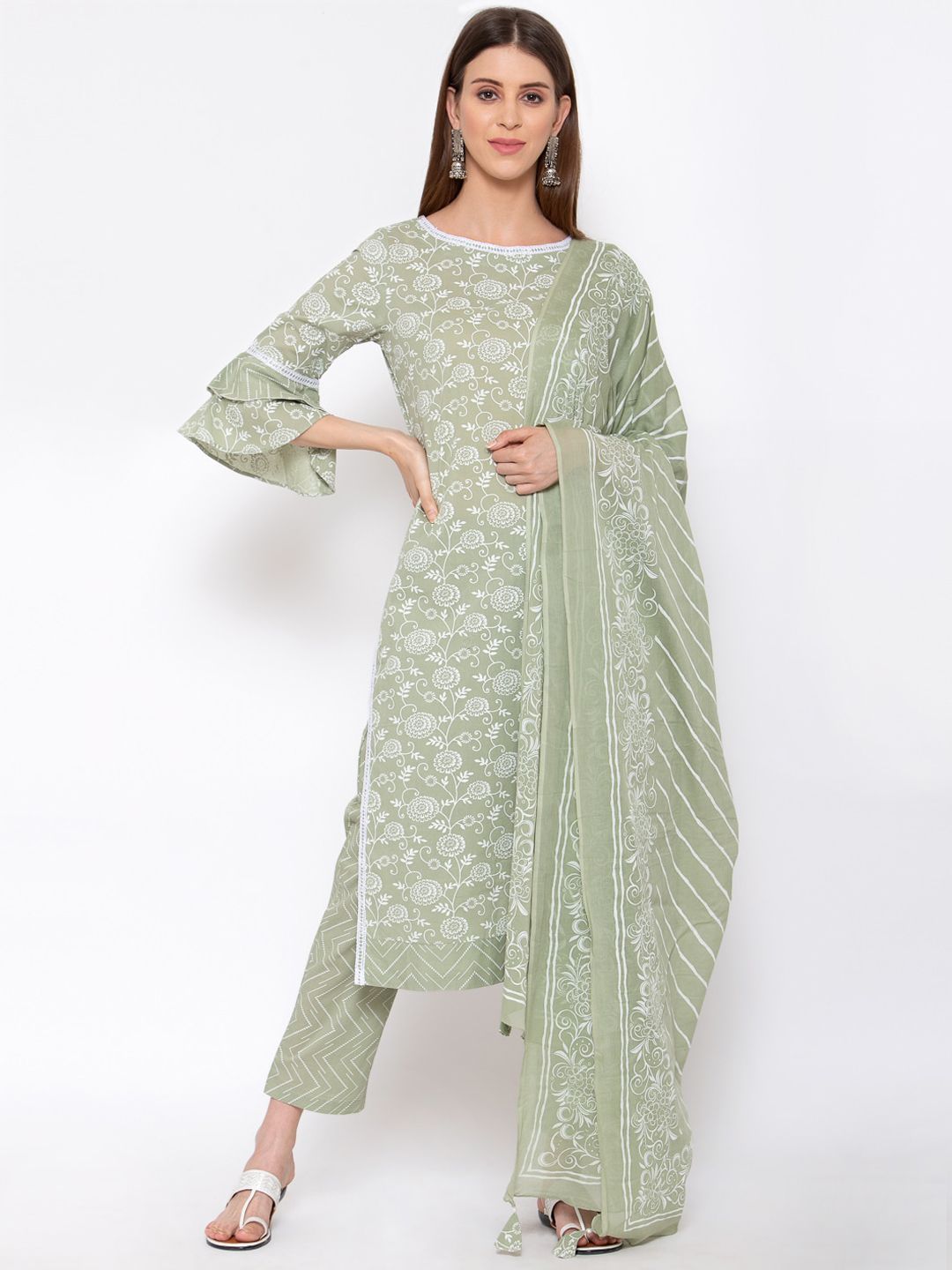 Yuris Women Green Printed Panelled Pure Cotton Kurti with Trousers & With Dupatta Price in India