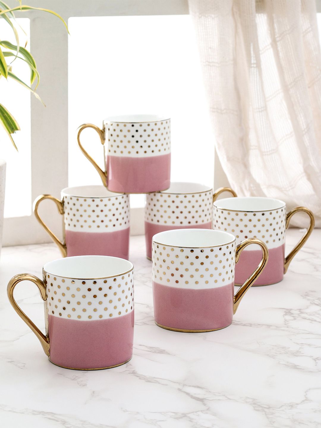 CLAY CRAFT White & Pink  Set of 6 Printed Ceramic Cups Price in India