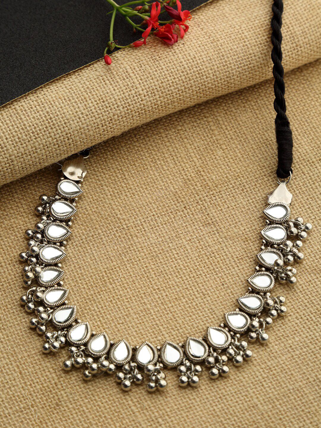 NEUDIS Silver-Plated & Black Oxidised Statement Necklace Price in India