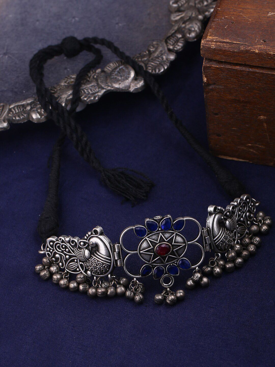 Shoshaa Silver-Toned & Black Brass Silver-Plated Oxidised Necklace Price in India