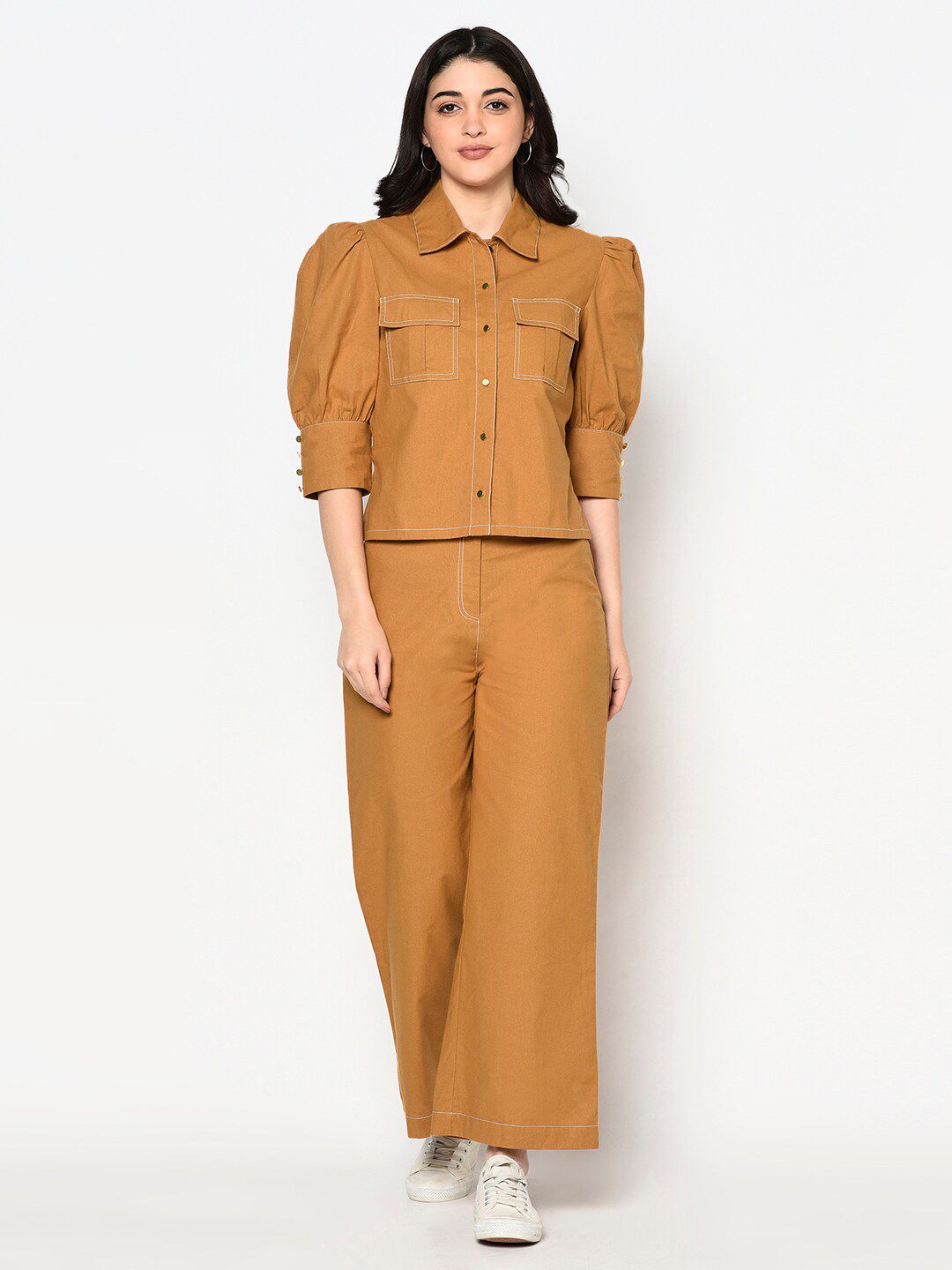 BLANC9 Women Mustard Yellow Solid Cotton Shirt with Trousers