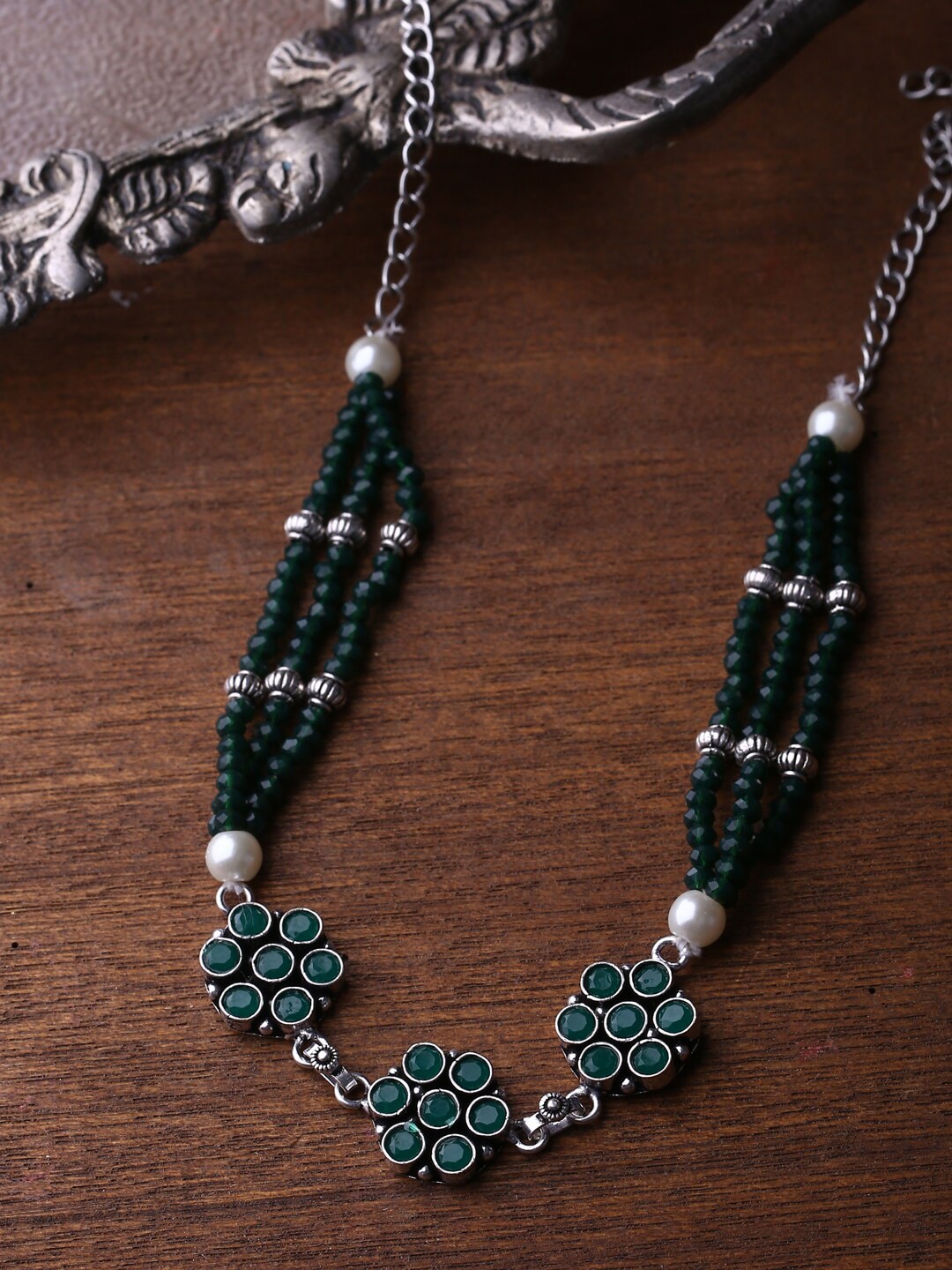 Shoshaa Silver-Plated & Green Brass Oxidised Necklace Price in India