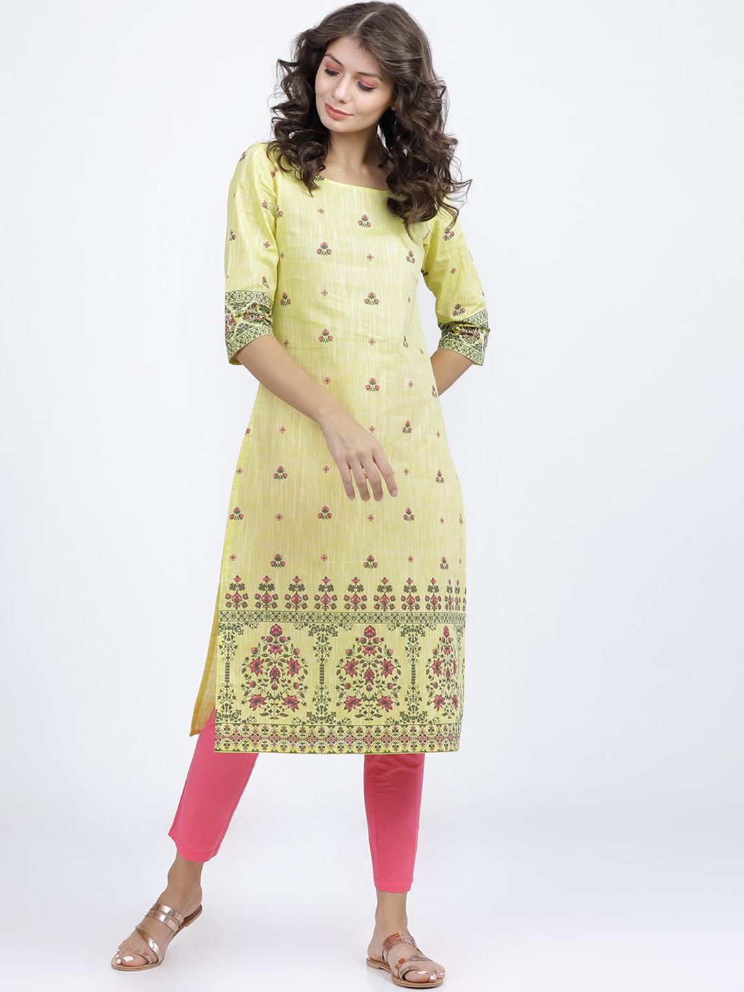 Vishudh Women Lime Green Ethnic Motifs Printed Kurta