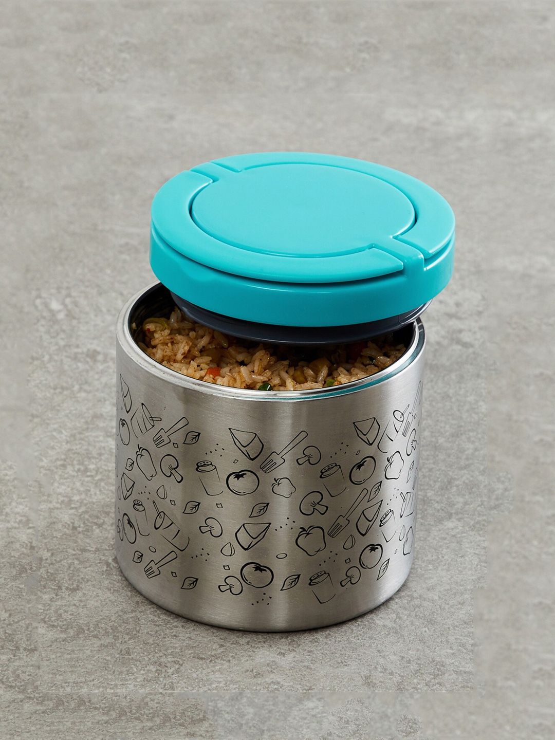 Home Centre Silver-Toned & Black Printed Stainless Steel Vacuum Lunch Box 630 ml Price in India