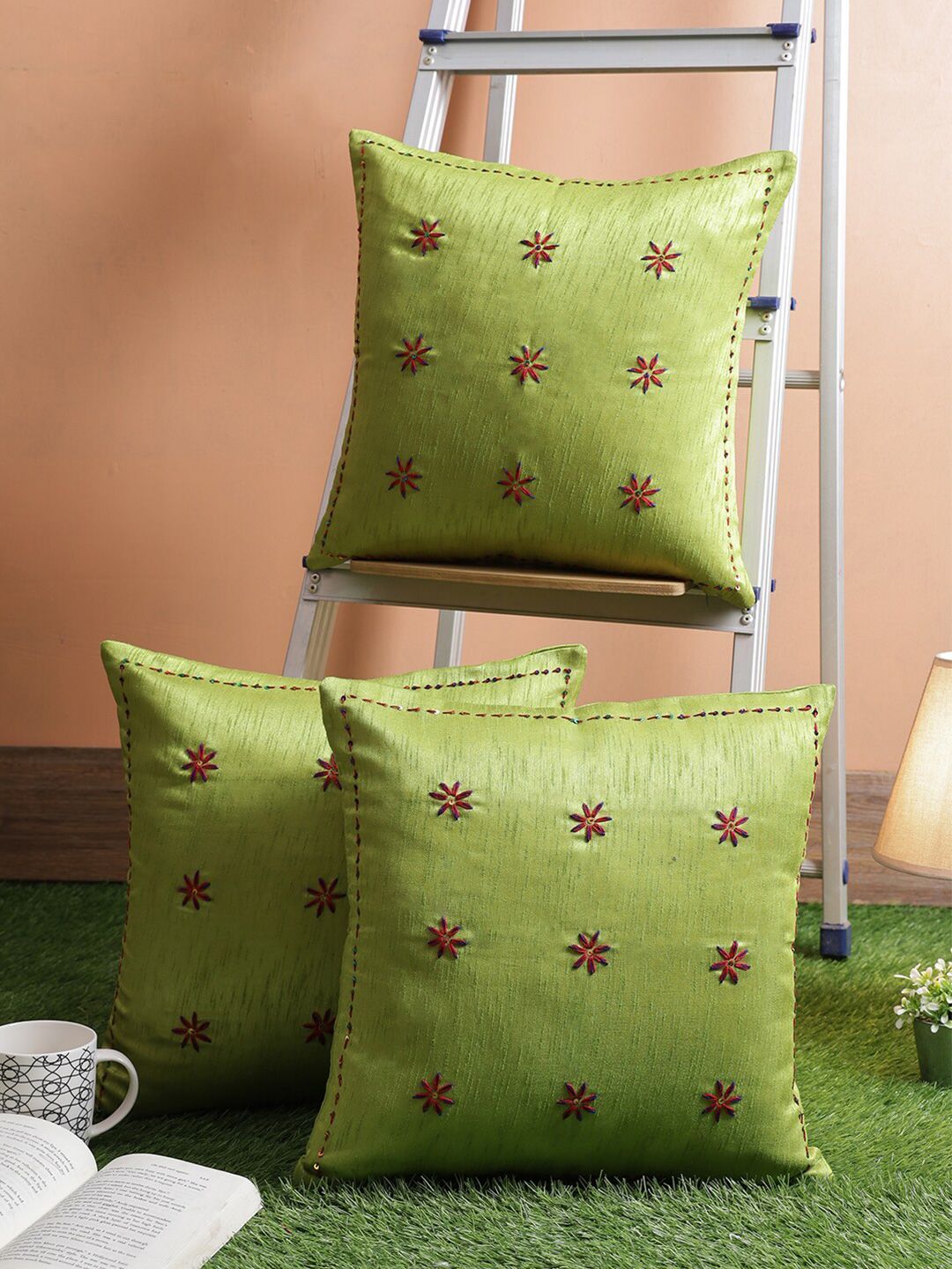 RANGDESI Green & Pink Set of 3 Embroidered Square Cushion Covers Price in India