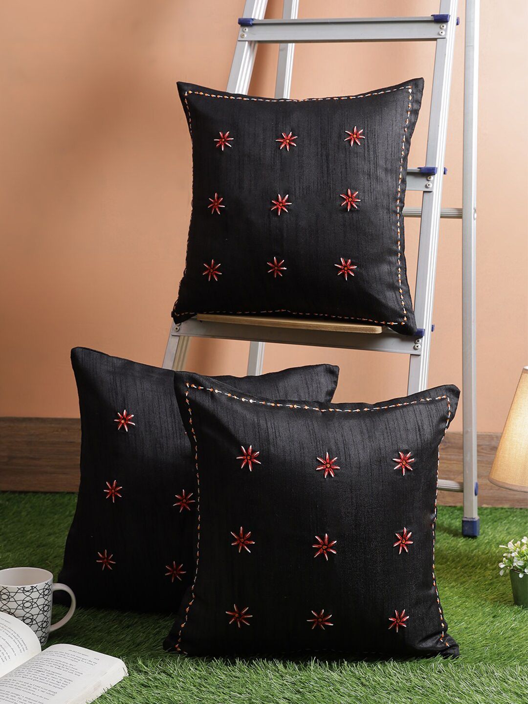 RANGDESI Black & Red Set of 3 Embroidered Square Cushion Covers Price in India