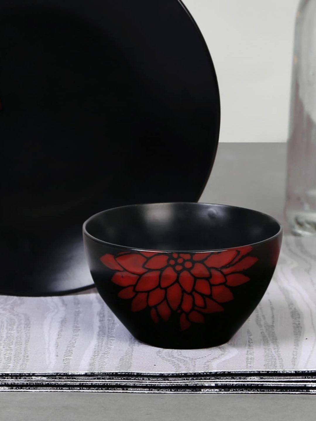 Home Centre Black & Red Dahlia Printed Stoneware Bowl Price in India